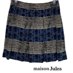 Madison Jules Black Blue Cream Batik Print‎ Pleated Skirt Size M Preppy